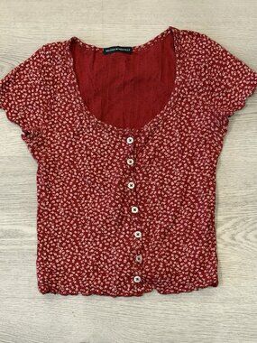 Brandy Melville Red Floral Crop Top Ditsy Print Button Front Lettuce Hem